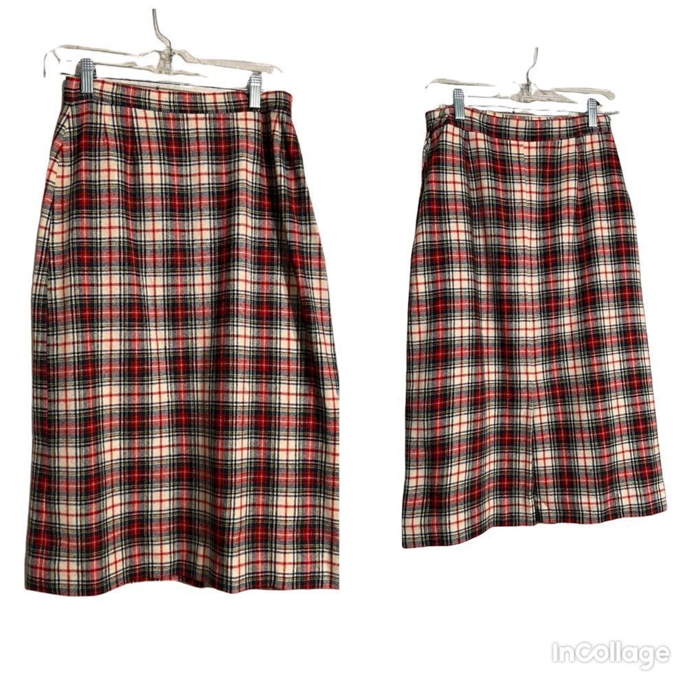Vintage Pendleton Red Green Plaid Virgin Wool Skirt Sz 12 Waist 26”